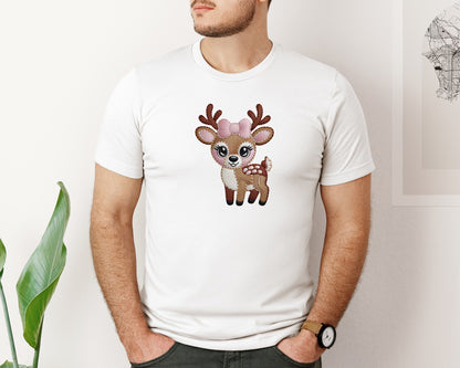 brand:Bella Canvas|color:White|Faux Yarn Deer Embroidery Graphic T-Shirt
