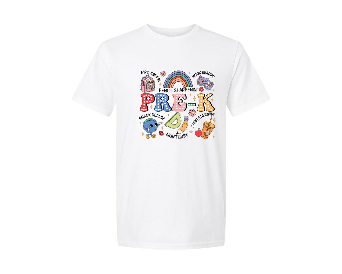brand:Generic|color:White|Cute Pre K Teacher Preschool Graphic T-Shirt