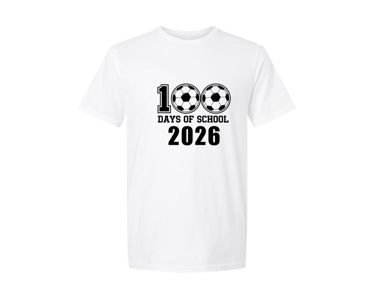 brand:Generic|color:White|100 Days Soccer School 2026 Graphic T-Shirt