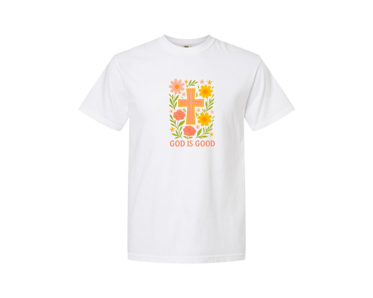 brand:Comfort Colors|color:White|God Is Good Floral Christian Cross Graphic T-Shirt