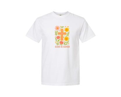 brand:Comfort Colors|color:White|God Is Good Floral Christian Cross Graphic T-Shirt