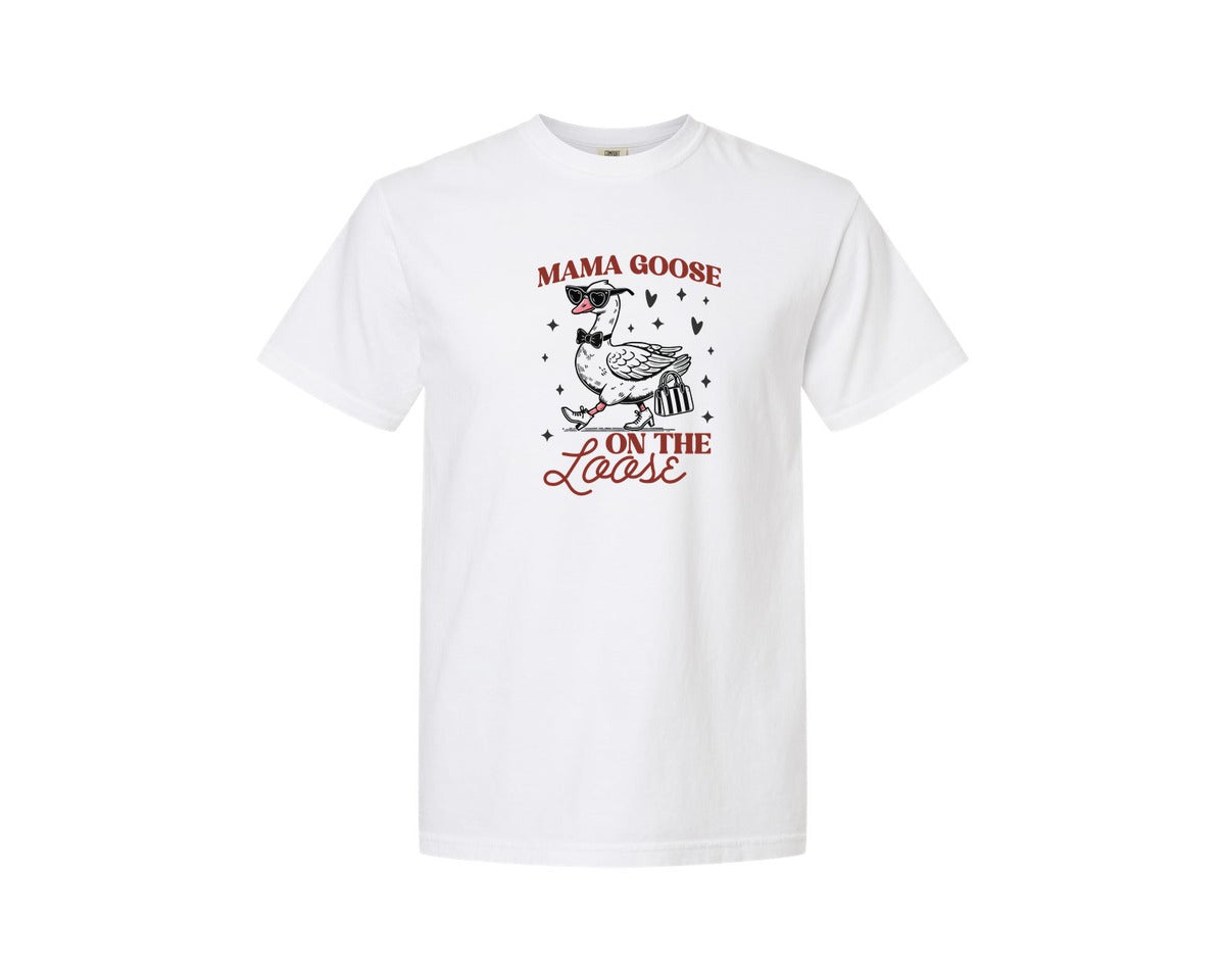 brand:Comfort Colors|color:White|Mama Goose On The Loose Pngtrendy Funny Graphic T-Shirt