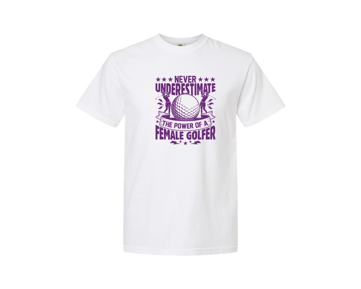 brand:Comfort Colors|color:White|Female Golfer Golf Club T Shirt Design Graphic T-Shirt
