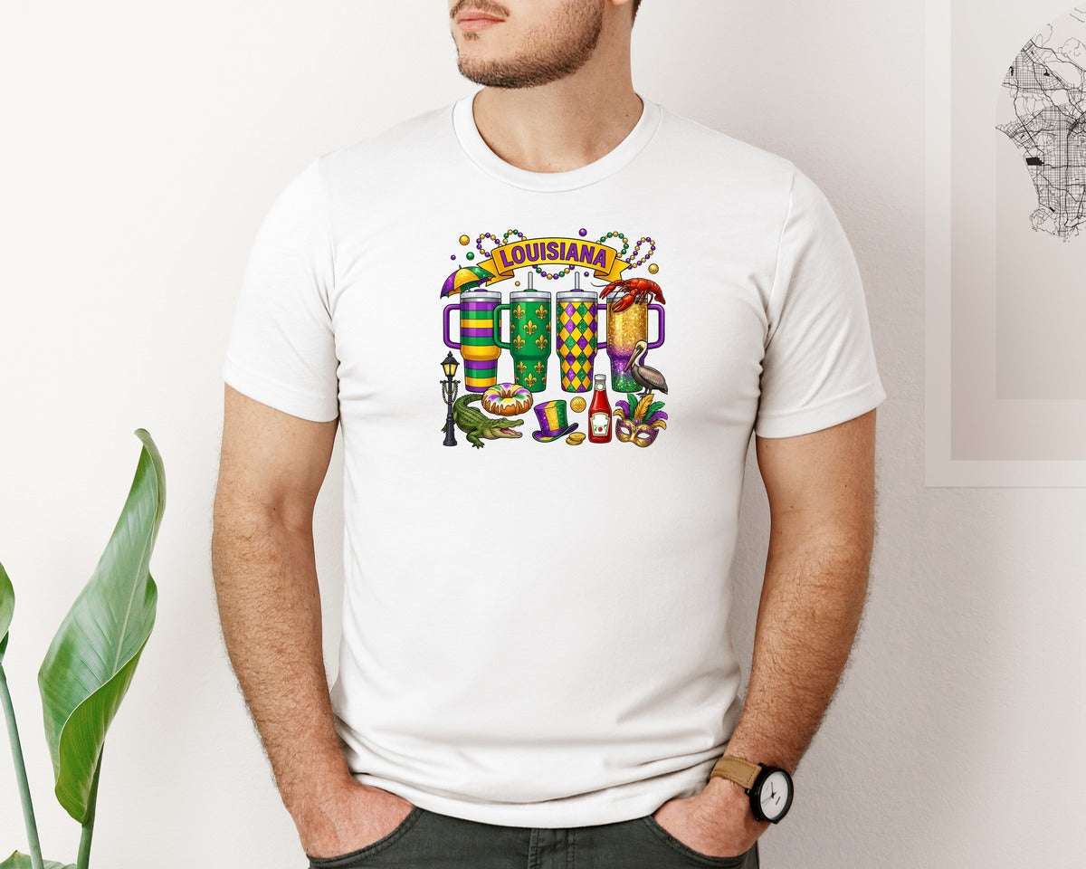 brand:Bella Canvas|color:White|Louisiana Mardi Gras Tumbler Graphic T-Shirt