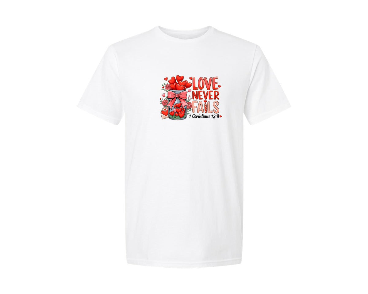 brand:Generic|color:White|Love Never Fails Valentine Graphic T-Shirt