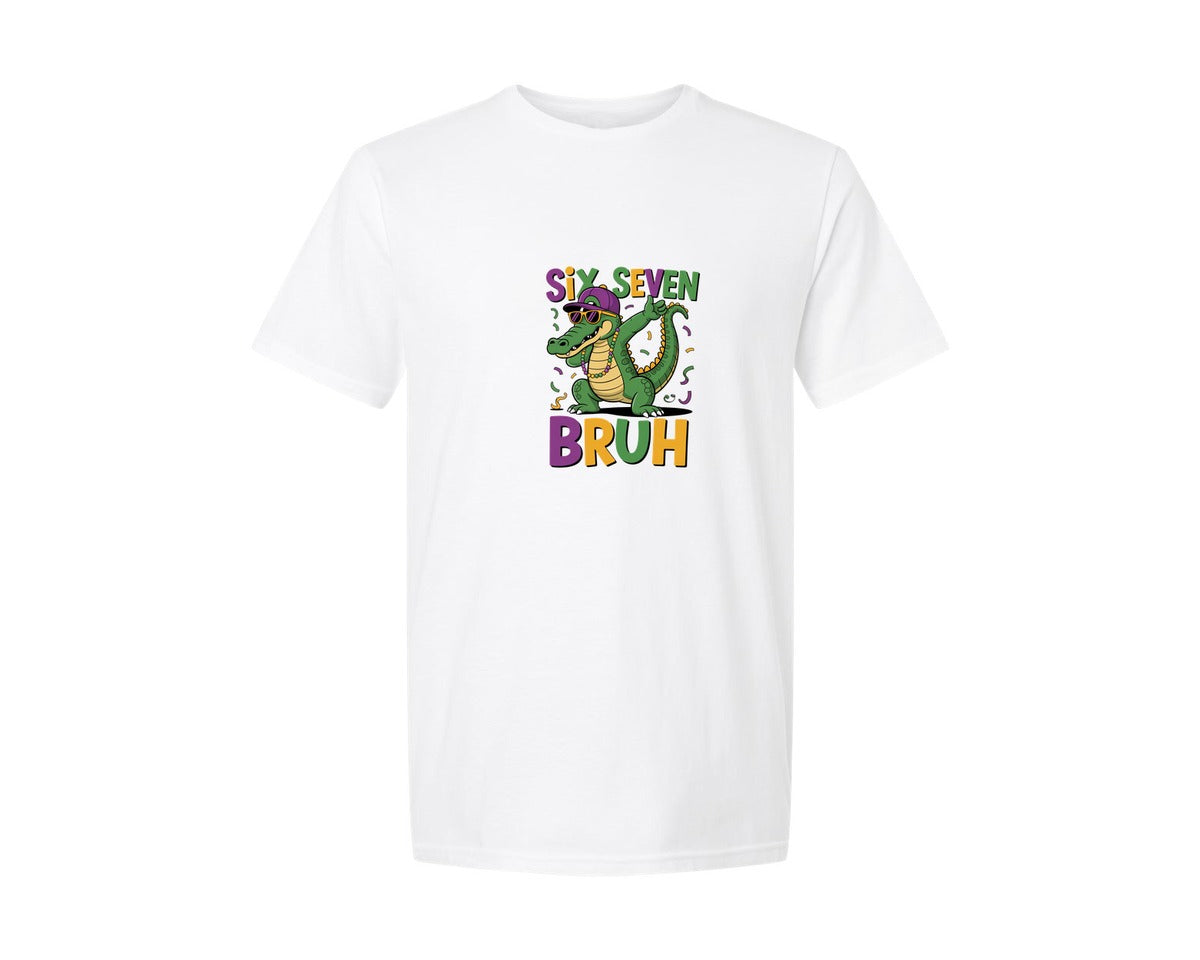 brand:Generic|color:White|Six Seven Bruh Alligator Mardi Gras Graphic T-Shirt
