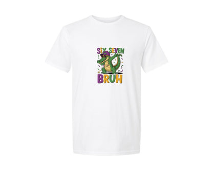 brand:Generic|color:White|Six Seven Bruh Alligator Mardi Gras Graphic T-Shirt