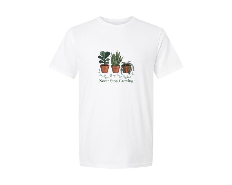 brand:Generic|color:White|Never Stop Growing Plants Positive Shirt Graphic T-Shirt