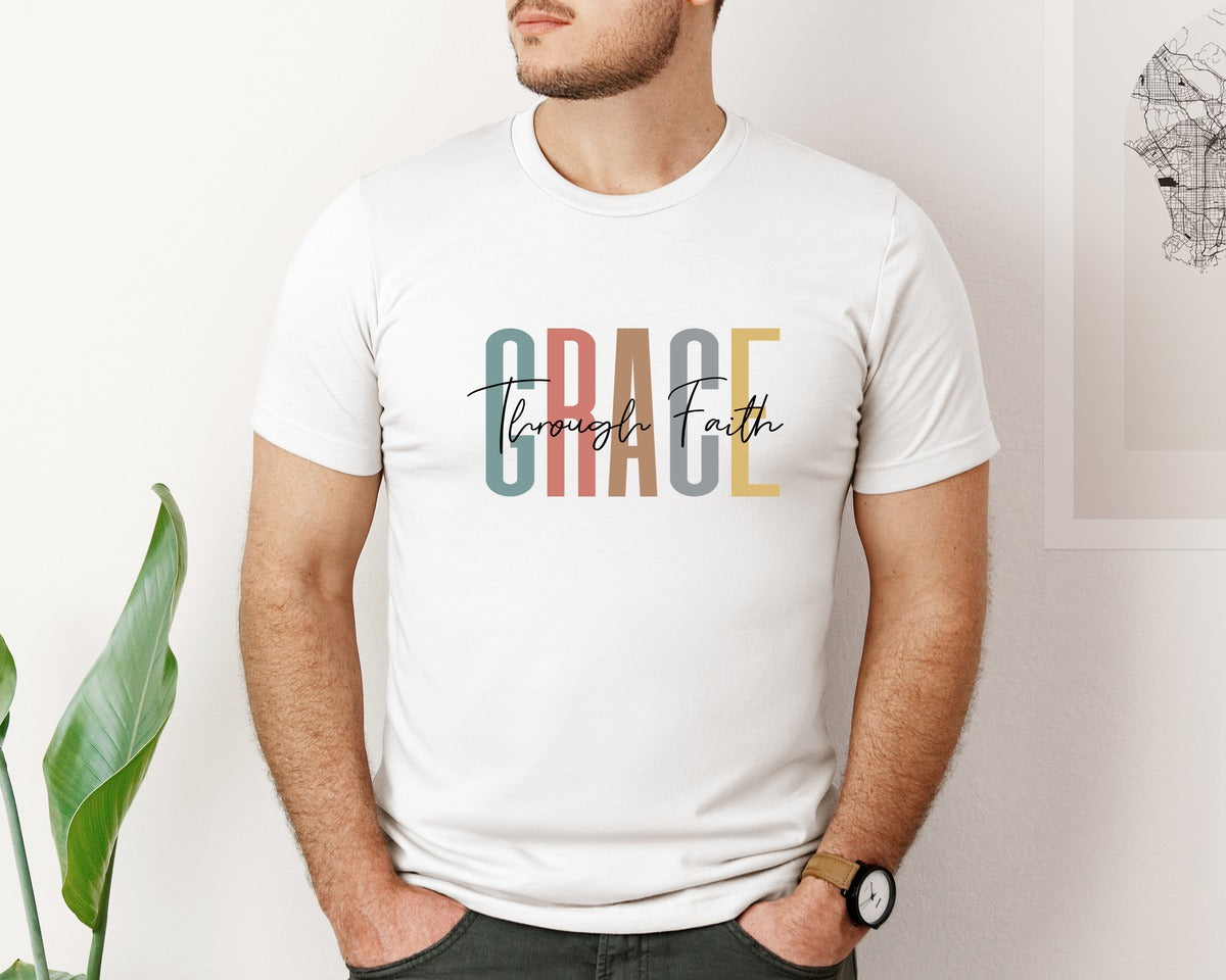 brand:Bella Canvas|color:White|Grace Through Faith Christian Graphic T-Shirt