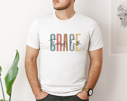 brand:Bella Canvas|color:White|Grace Through Faith Christian Graphic T-Shirt