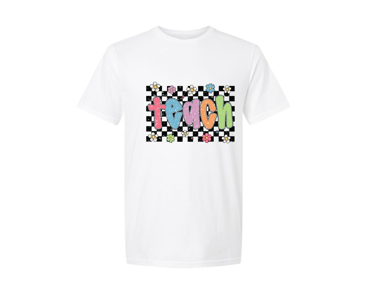 brand:Generic|color:White|Teach Checkered Preppy Teacher Floral Graphic T-Shirt