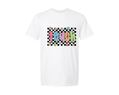 brand:Generic|color:White|Teach Checkered Preppy Teacher Floral Graphic T-Shirt