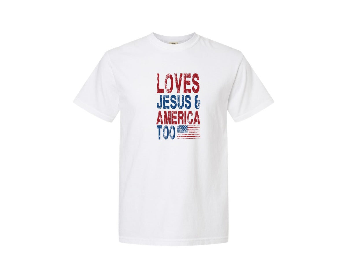brand:Comfort Colors|color:White|Loves Jesus And America Too 4Th Of July 5 Graphic T-Shirt