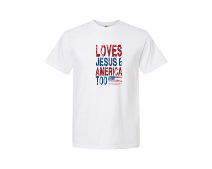 brand:Comfort Colors|color:White|Loves Jesus And America Too 4Th Of July 5 Graphic T-Shirt