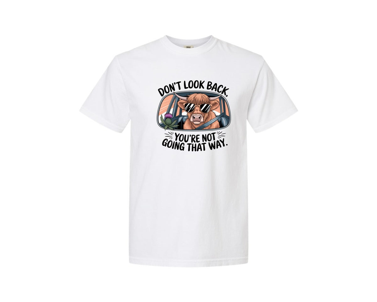 brand:Comfort Colors|color:White|Dont Look Back Highland Cow Graphic T-Shirt