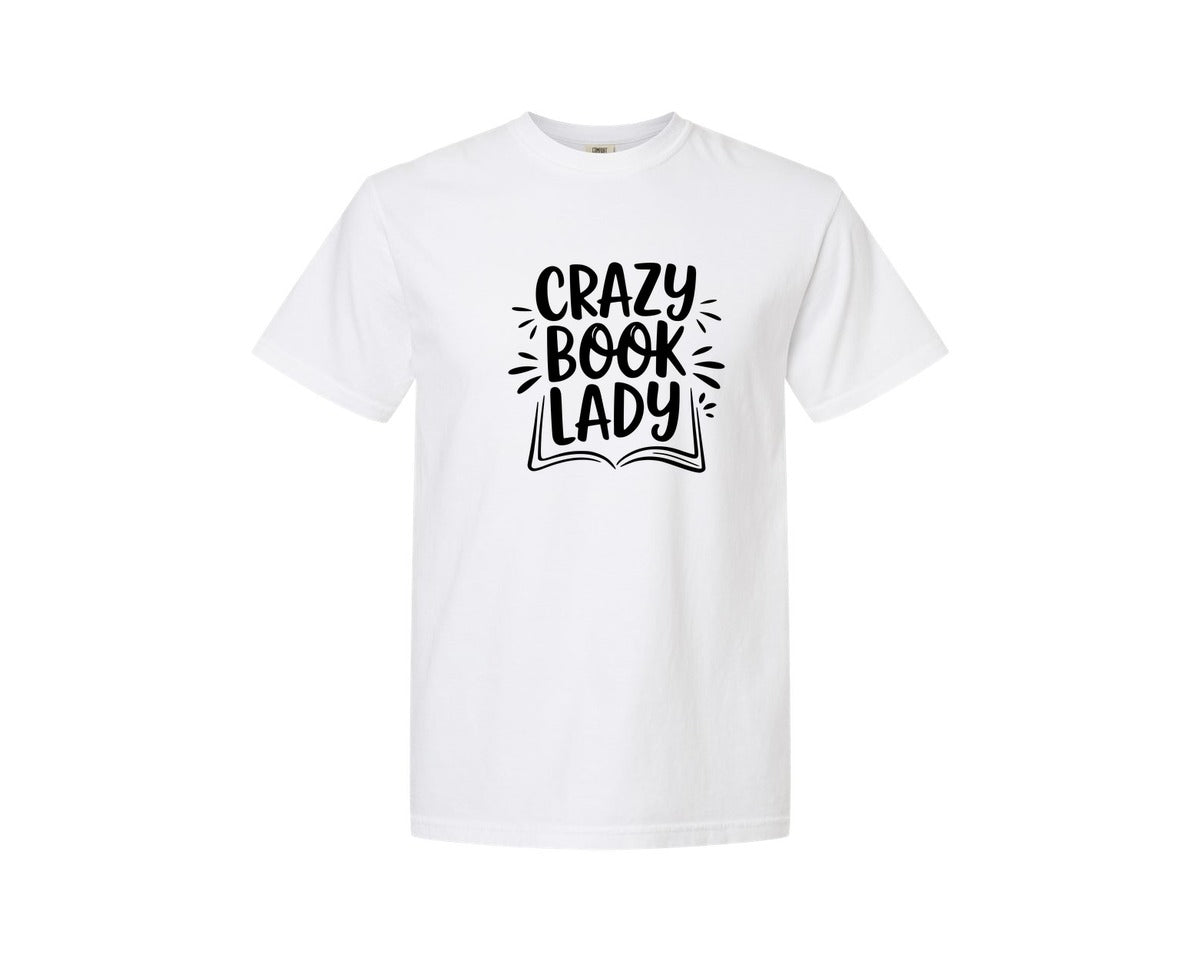brand:Comfort Colors|color:White|Crazy Book Lady T Shirt Design 4 Graphic T-Shirt
