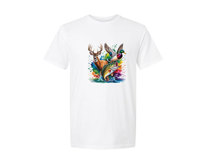 brand:Generic|color:White|Deer Duck Bass Hunting Fishing Sublimati 4 Graphic T-Shirt