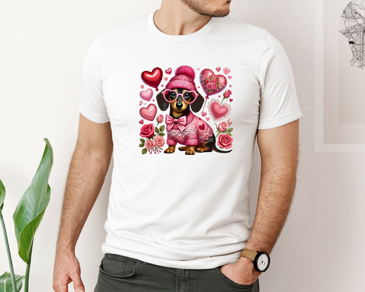 brand:Bella Canvas|color:White|Valentine Dachshund Dog Love Themed Graphic T-Shirt