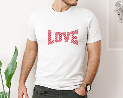 brand:Bella Canvas|color:White|Checkered Valentine Varsity Retro Love Graphic T-Shirt