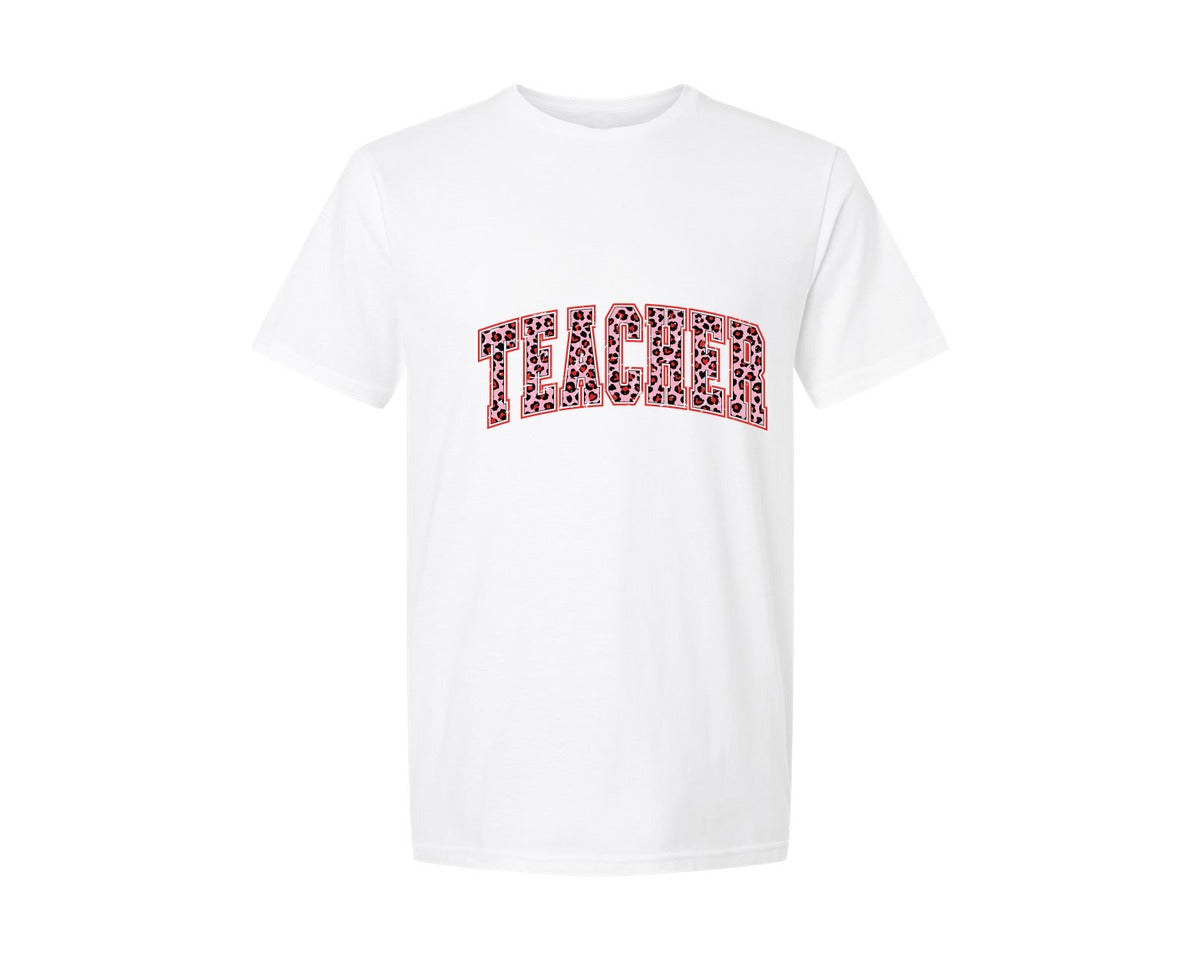 brand:Generic|color:White|Valentine Teacher Leopard Love Heart Graphic T-Shirt
