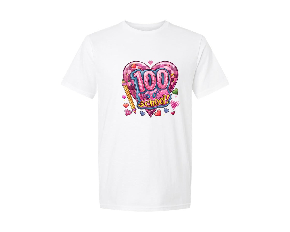 brand:Generic|color:White|Valentine 100 Days Of School Bow Graphic T-Shirt