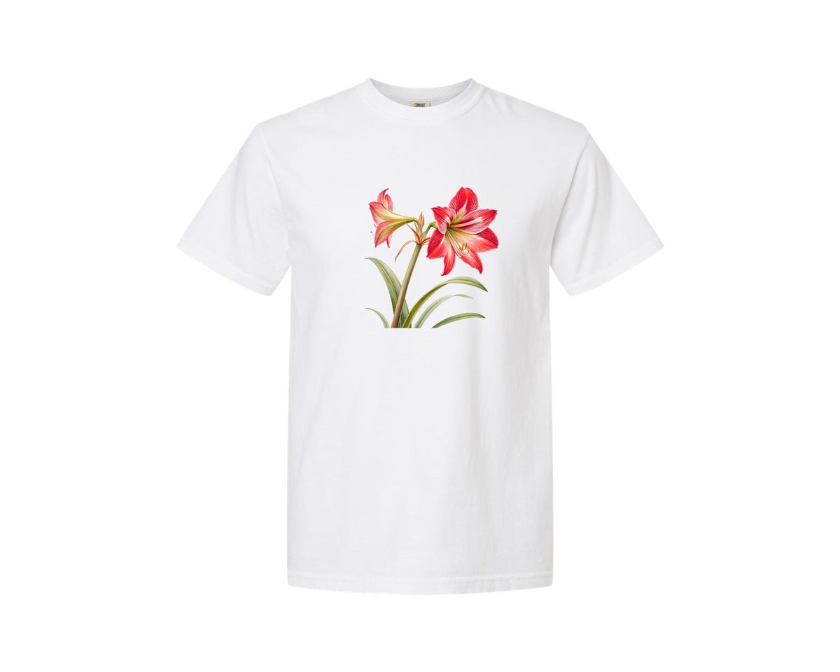 brand:Comfort Colors|color:White|Red Amaryllis Flower T Shirt Design Graphic T-Shirt
