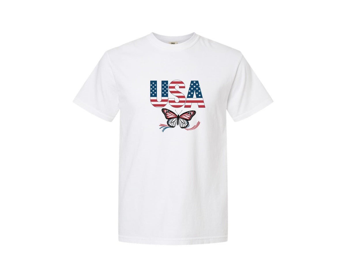 brand:Comfort Colors|color:White|Usa Butterfly Patriotic Graphic T-Shirt