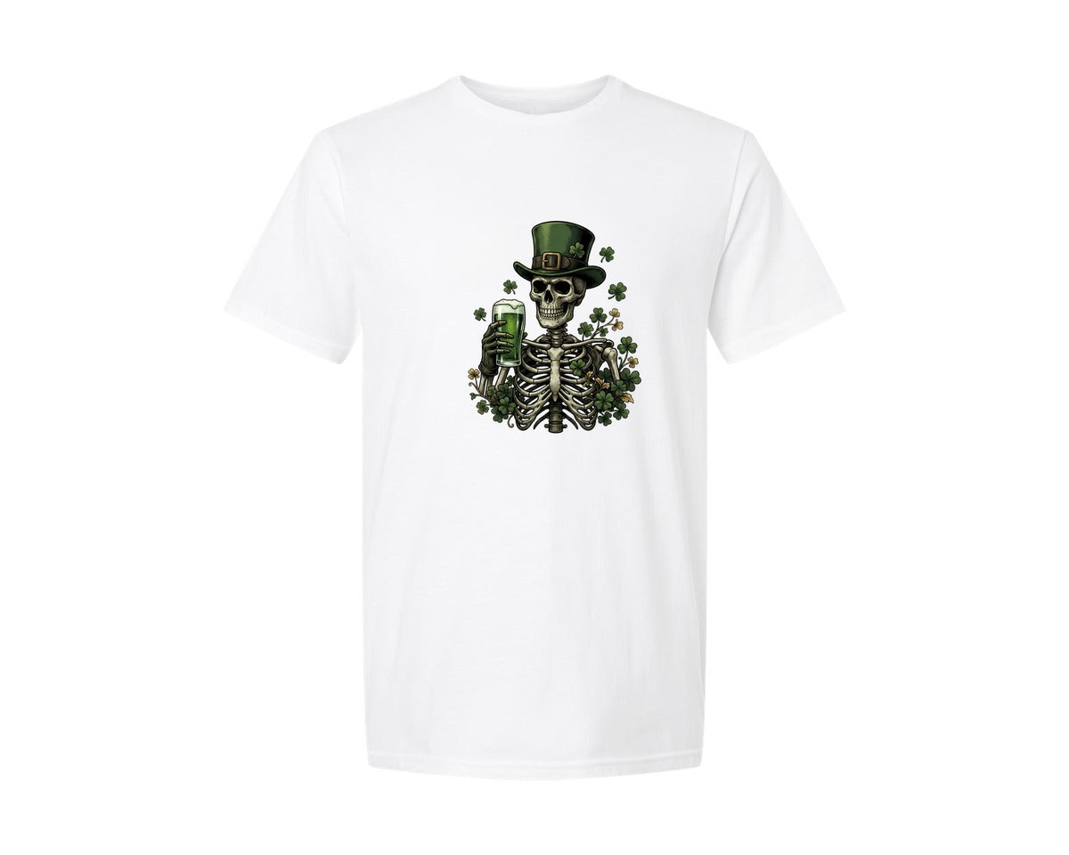 brand:Generic|color:White|Funny St Patricks Day Skeleton Beer Graphic T-Shirt