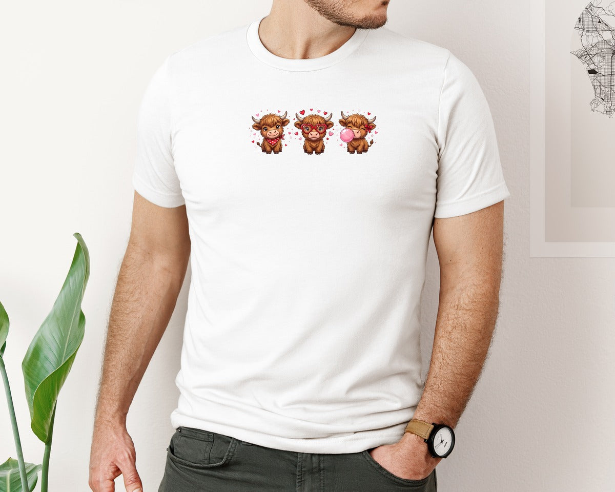 brand:Bella Canvas|color:White|Cute Valentine Highland Cow Graphic T-Shirt
