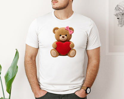brand:Bella Canvas|color:White|Faux Yarn Valentines Day Teddy Bear 3 Graphic T-Shirt