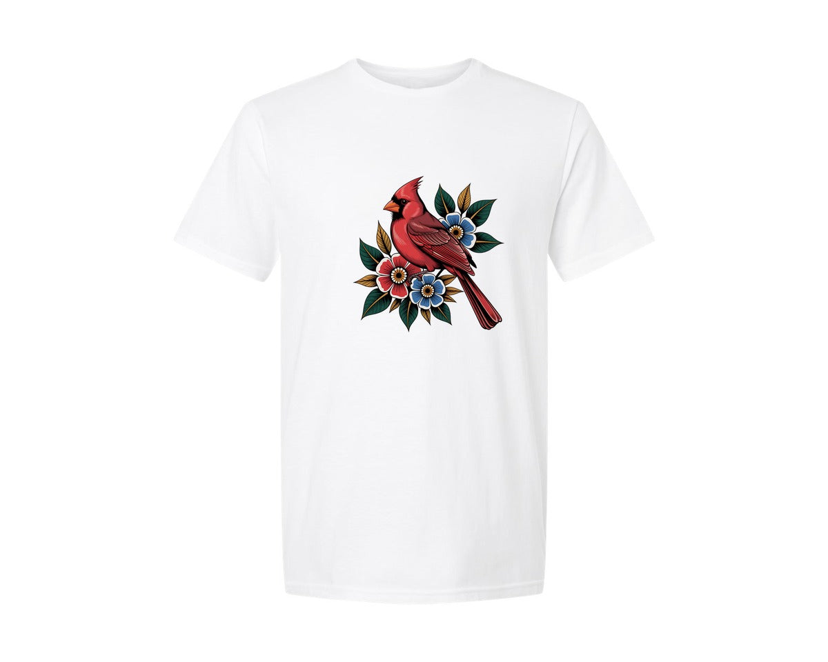 brand:Generic|color:White|Red Cardinal Bird With Flowers Graphic T-Shirt