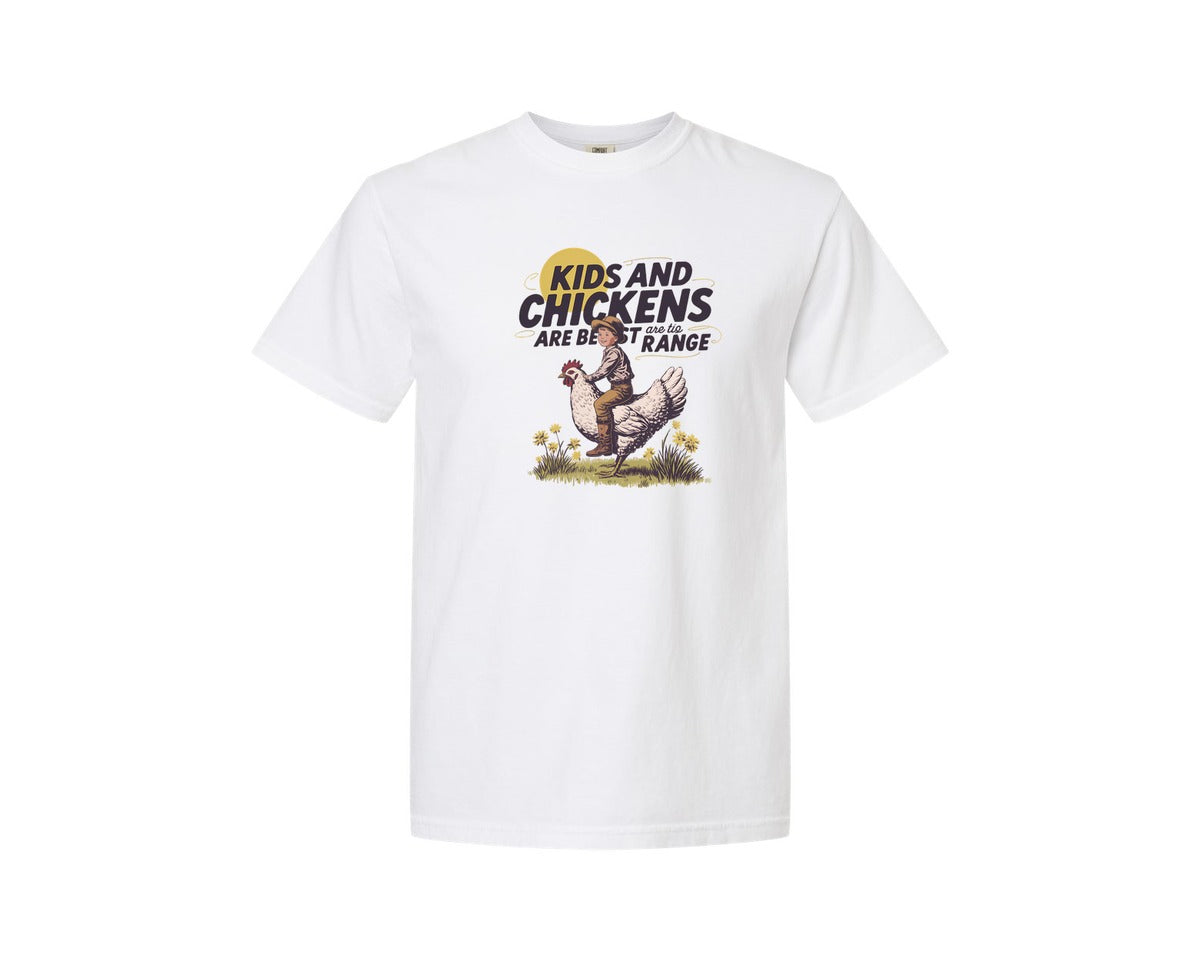 brand:Comfort Colors|color:White|Kids And Chickens Vintage Farm Graphic T-Shirt