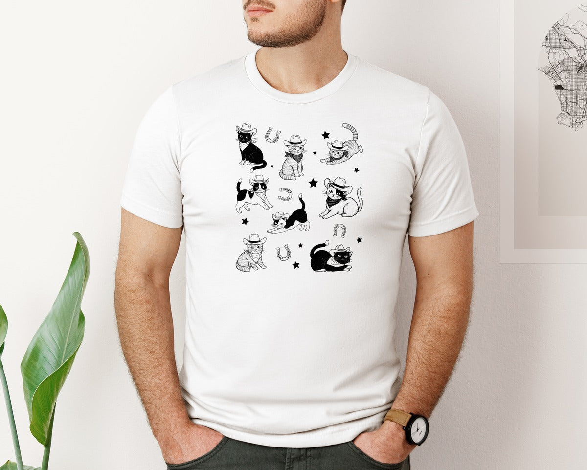 brand:Bella Canvas|color:White|Cowboy Cat Vintage Illustration Graphic T-Shirt