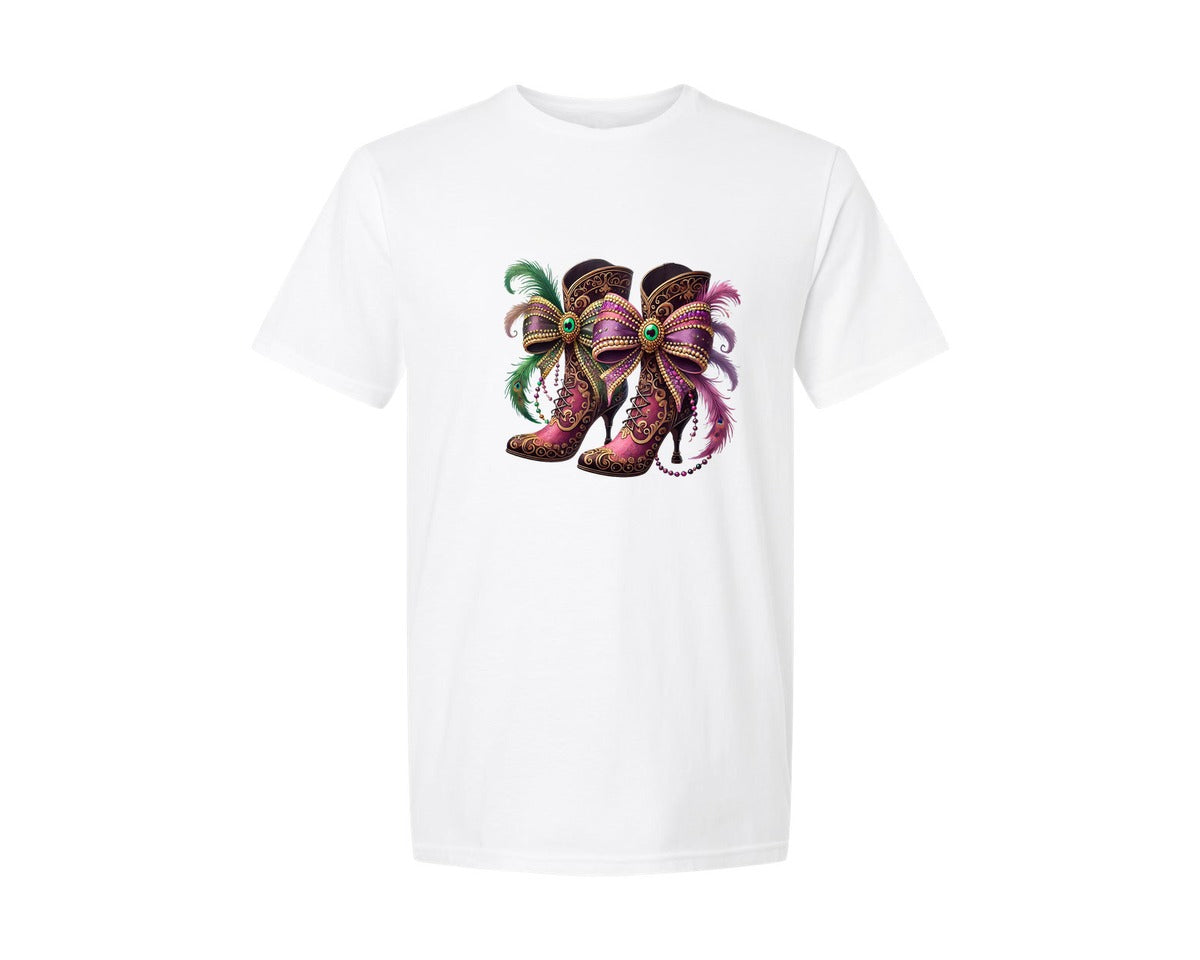 brand:Generic|color:White|Mardi Gras Coquette Bow Cowboy Boots Graphic T-Shirt