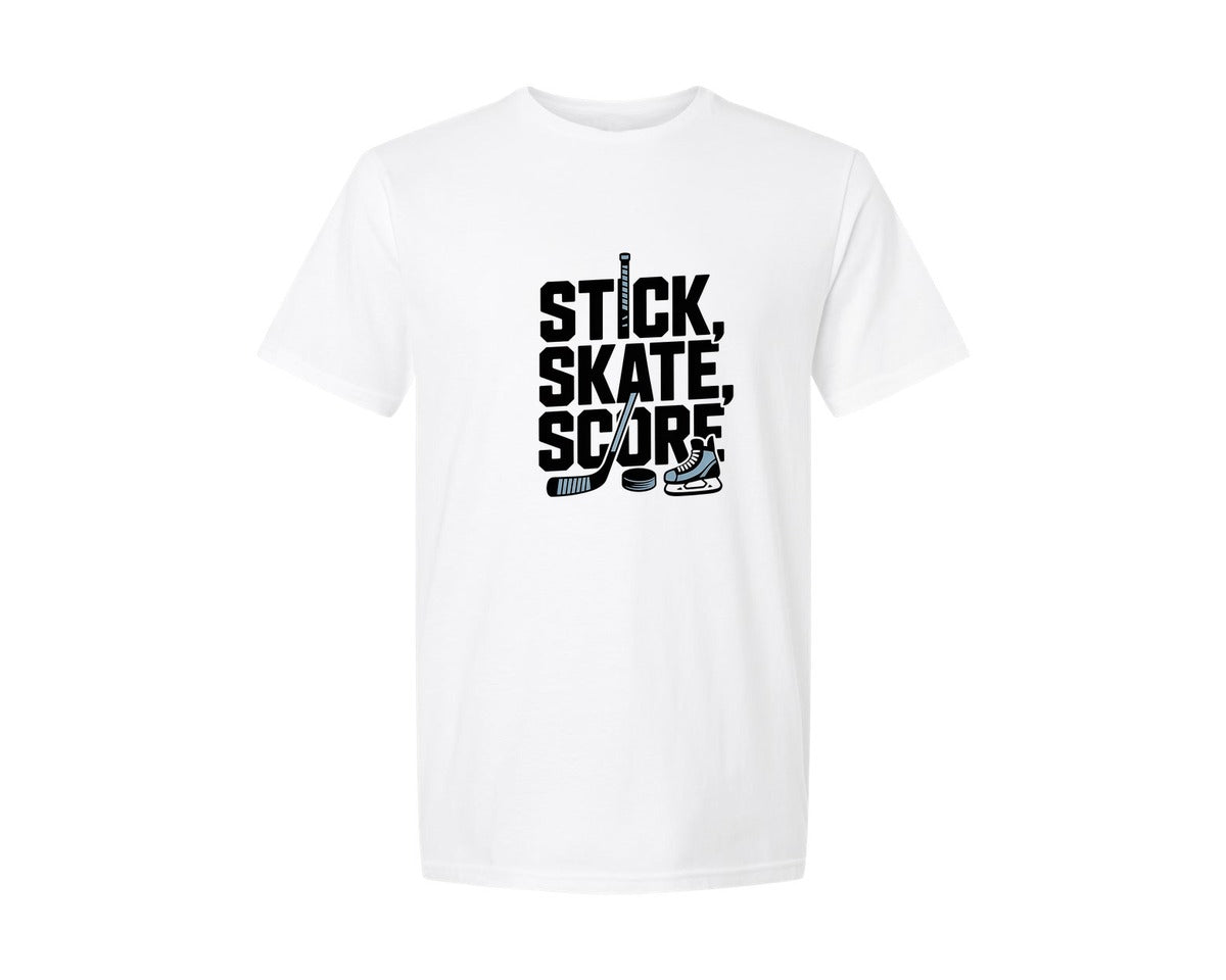 brand:Generic|color:White|Stick Skate Score Ice Hockey Shirt Graphic T-Shirt