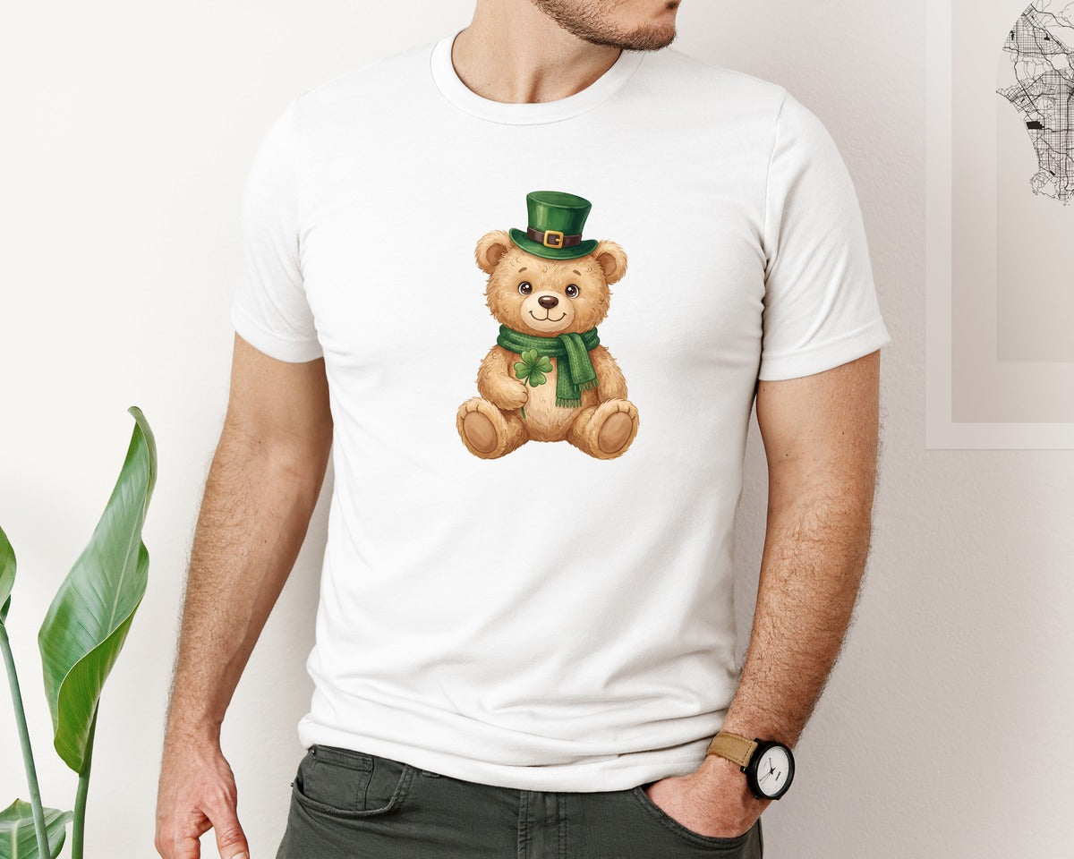 brand:Bella Canvas|color:White|Cute St Patricks Day Teddy Bear Graphic T-Shirt