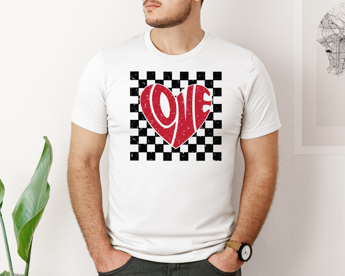 brand:Bella Canvas|color:White|Retro Valentine Love Checkered Heart Graphic T-Shirt