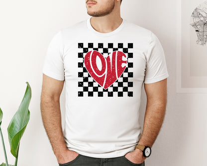 brand:Bella Canvas|color:White|Retro Valentine Love Checkered Heart Graphic T-Shirt