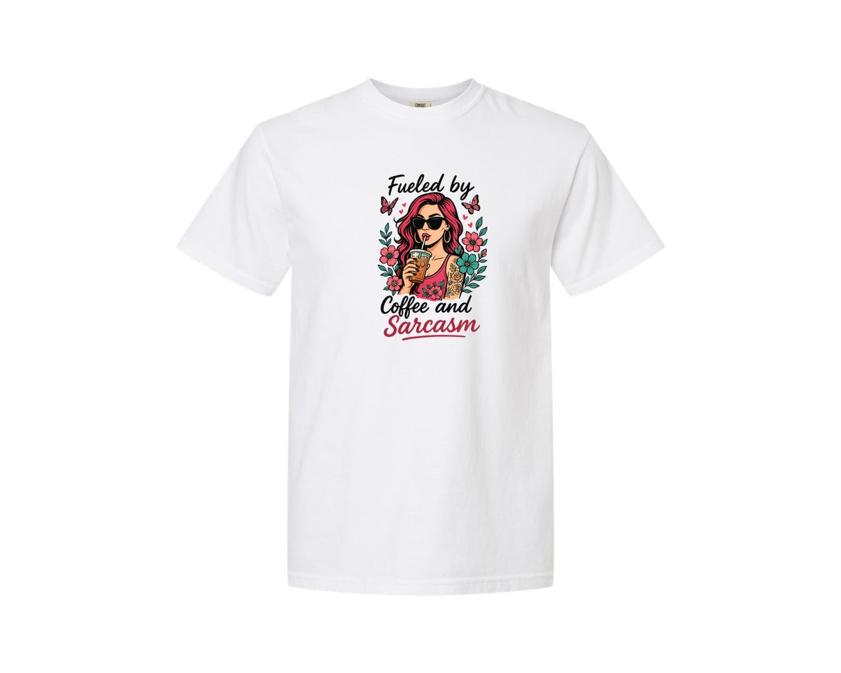 brand:Comfort Colors|color:White|Fueled By Coffee Sarcasm Sassy Graphic T-Shirt