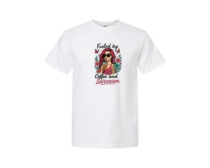 brand:Comfort Colors|color:White|Fueled By Coffee Sarcasm Sassy Graphic T-Shirt