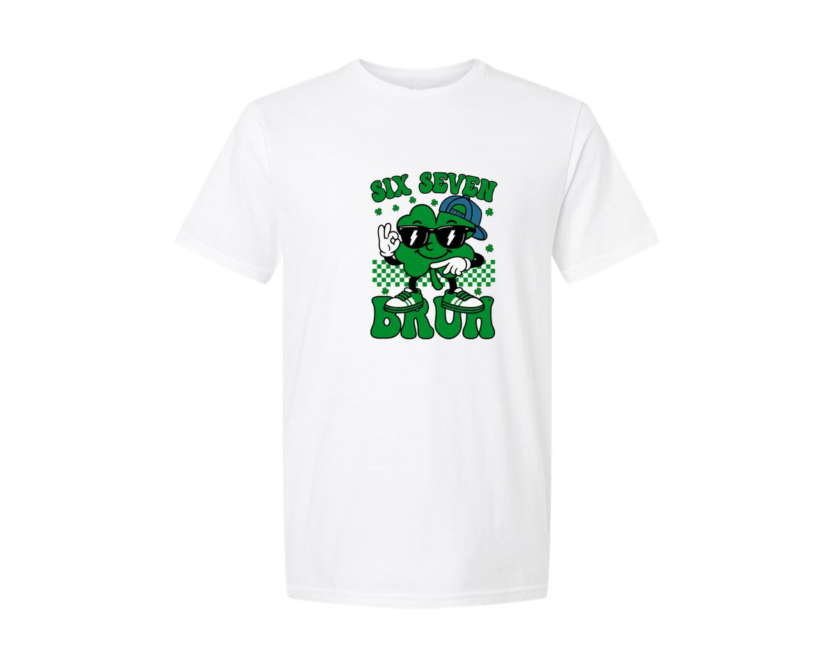 brand:Generic|color:White|67 Bruh Viral Shamrock Meme Funny Graphic T-Shirt