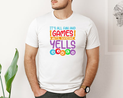 brand:Bella Canvas|color:White|Game Yells Bingo Bingo Design Graphic T-Shirt