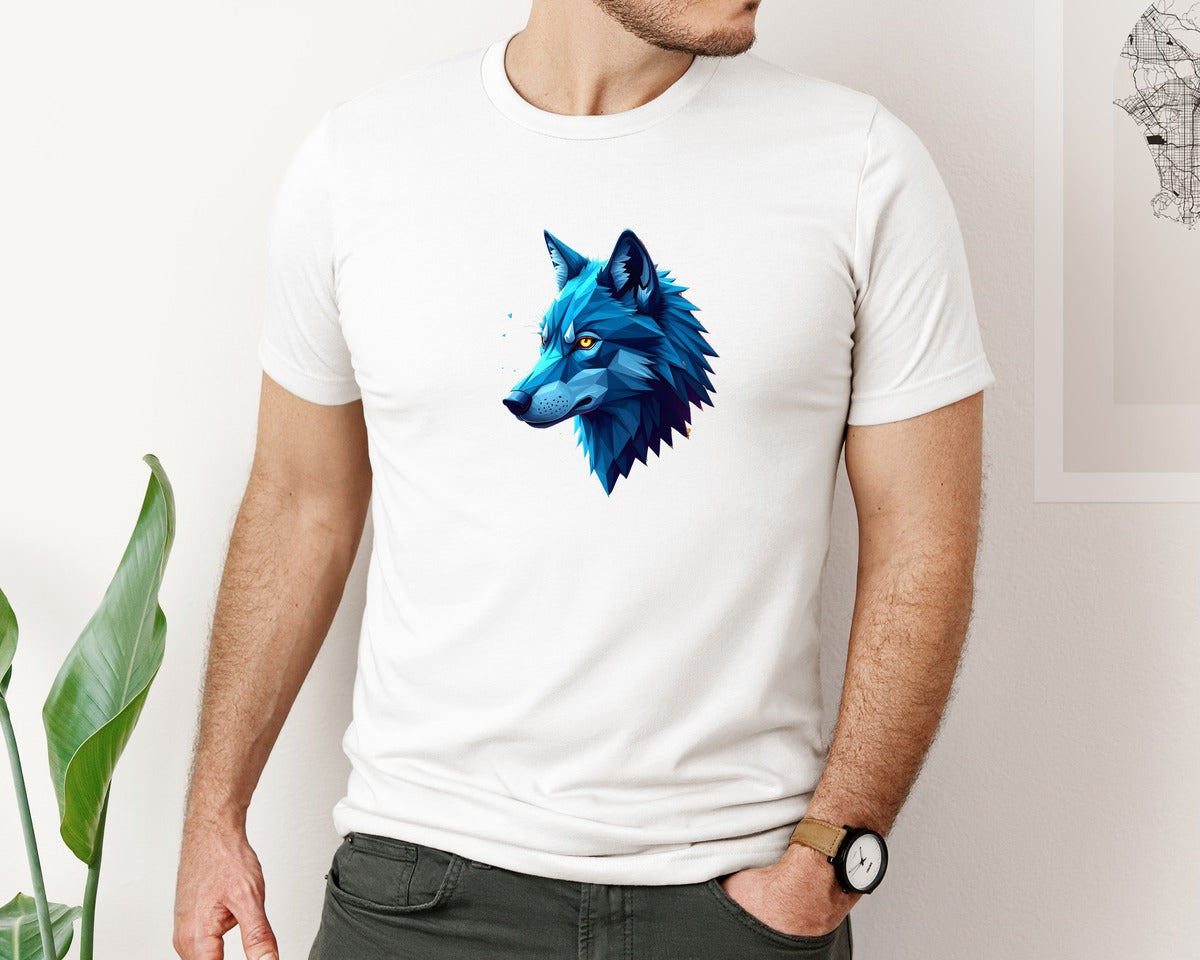 brand:Bella Canvas|color:White|Blue Geometric Wolf Head T Shirt Design Graphic T-Shirt