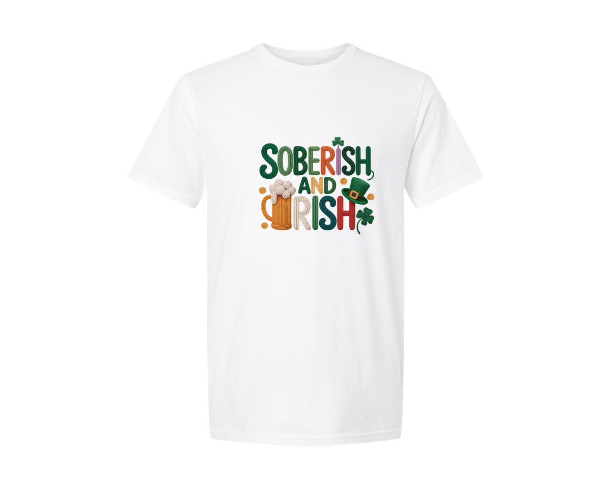 brand:Generic|color:White|Faux Yarn Soberish And Irish Beer Graphic T-Shirt