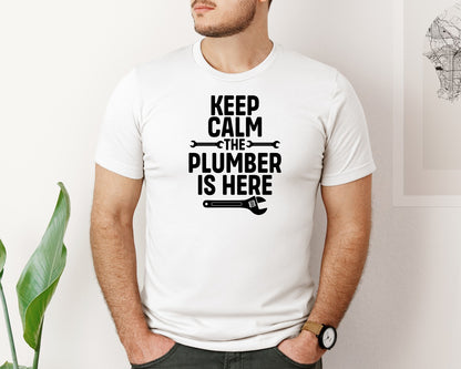 brand:Bella Canvas|color:White|Keep Calm The Plumber Is Here Graphic T-Shirt