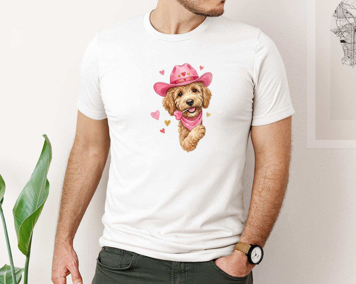 brand:Bella Canvas|color:White|Valentine Cowboy Golden Doodle Dog Graphic T-Shirt