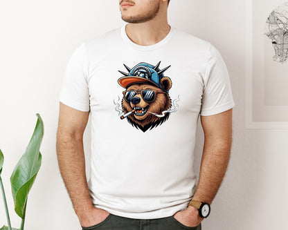brand:Bella Canvas|color:White|Cool Bear Smoking Graphic Tee Graphic T-Shirt