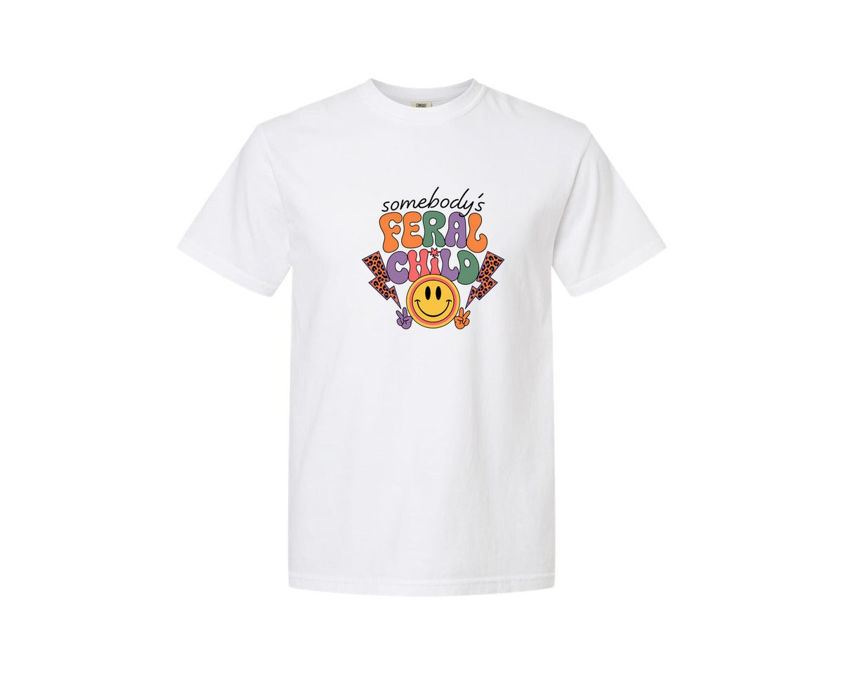 brand:Comfort Colors|color:White|Somebodys Feral Child Funny Summer Graphic T-Shirt