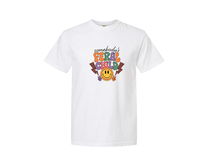brand:Comfort Colors|color:White|Somebodys Feral Child Funny Summer Graphic T-Shirt