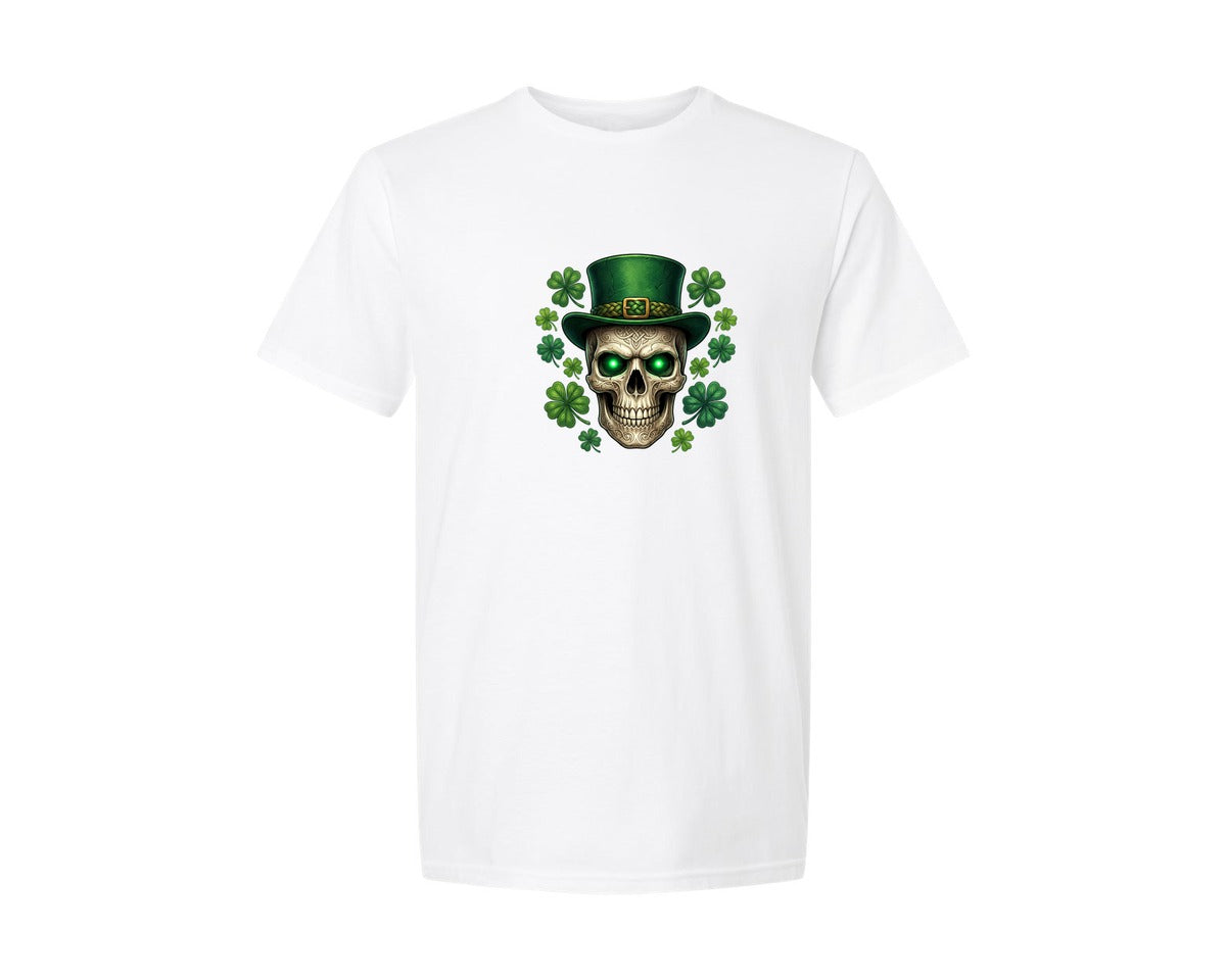 brand:Generic|color:White|St Patricks Skull With Shamrocks Graphic T-Shirt